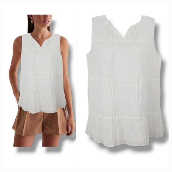 NEW Talbots Crisp White Crinkle Sleeveless Tiered Tank Top Size Small Petite - Picture 1 of 13